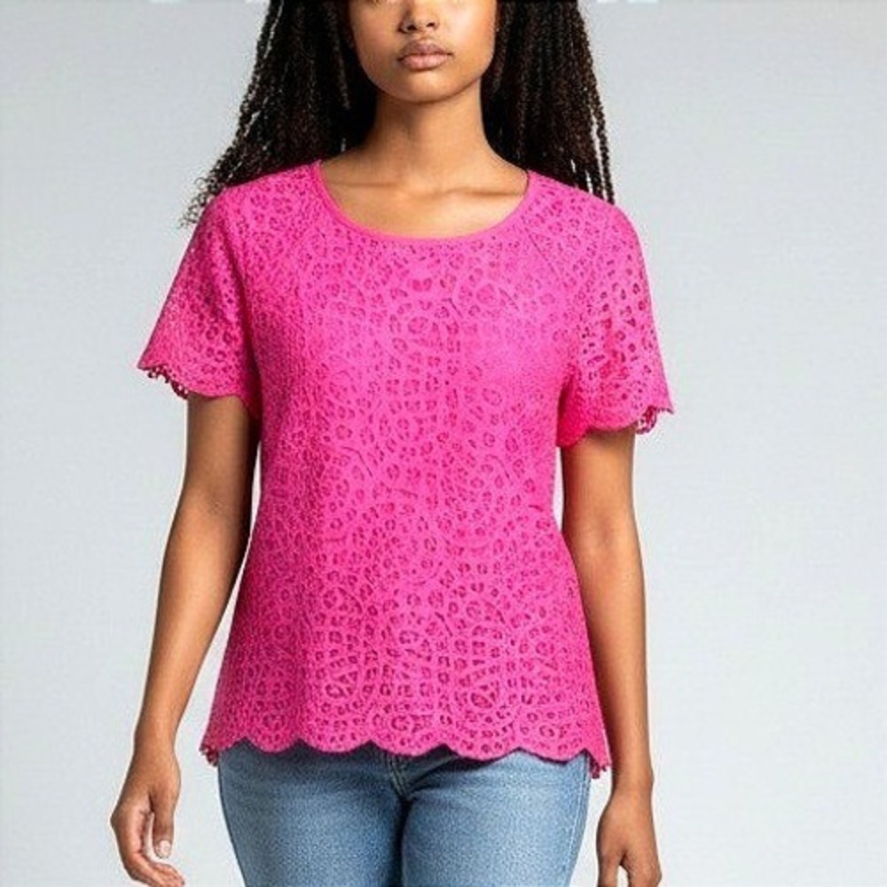 J.Crew Womens Pink Lace Short Sleeve Scalloped Hem Top Size 10 Hot Pink Floral